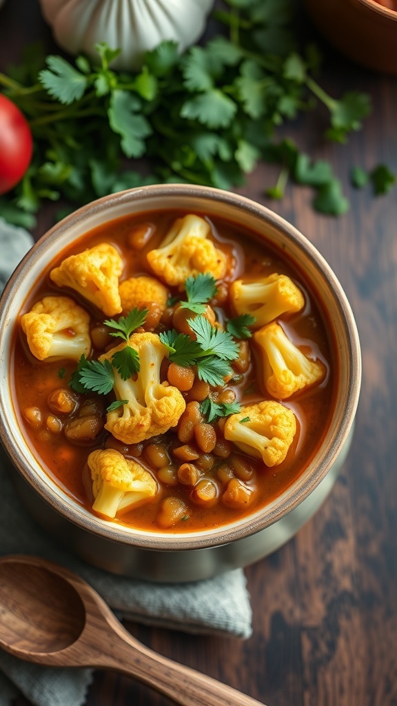 Spiced Cauliflower and Lentil Stew A bowl of spiced cauliflower and lentil stew with cilantro garnish, served in a rustic kitchen.